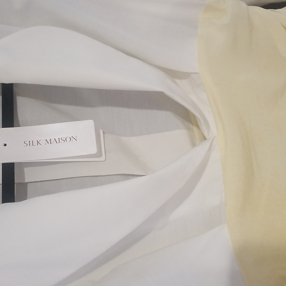 Soft Gradient Pleated Belt Silk Blazer Dress (Ivory/Yellow) - Silk Maison - Picture 11 of 14